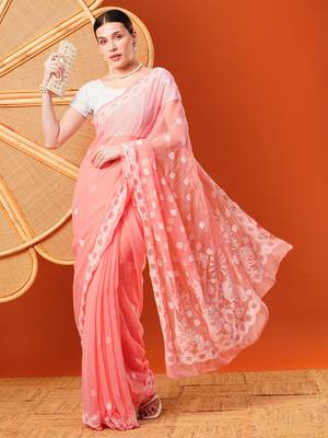 Hand Embroidered Peach Faux Georgette Lucknowi Chikankari Indian Women Saree With Blouse 1