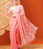 Hand Embroidered Peach Faux Georgette Lucknowi Chikankari Indian Women Saree With Blouse