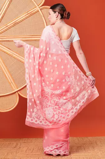 Hand Embroidered Peach Faux Georgette Lucknowi Chikankari Indian Women Saree With Blouse