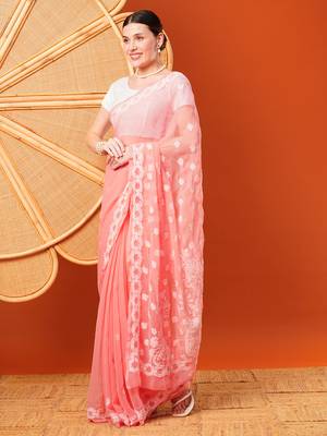 Hand Embroidered Peach Faux Georgette Lucknowi Chikankari Indian Women Saree With Blouse 3