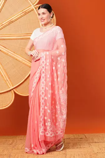 Hand Embroidered Peach Faux Georgette Lucknowi Chikankari Indian Women Saree With Blouse