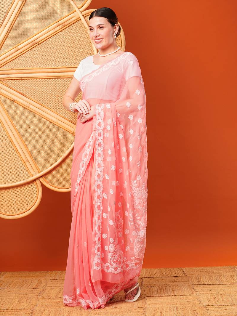 Hand Embroidered Peach Faux Georgette Lucknowi Chikankari Indian Women Saree With Blouse