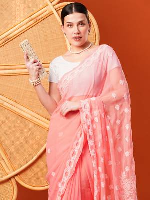 Hand Embroidered Peach Faux Georgette Lucknowi Chikankari Indian Women Saree With Blouse 4