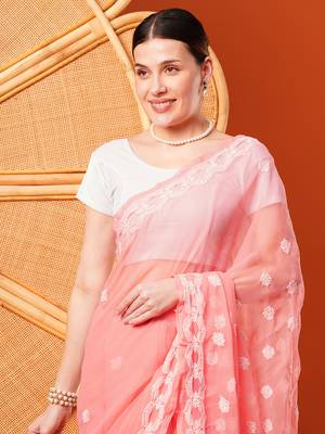 Hand Embroidered Peach Faux Georgette Lucknowi Chikankari Indian Women Saree With Blouse 5