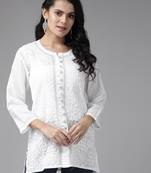 Hand Embroidered White Cotton Lucknow Chikankari Women Short Kurti