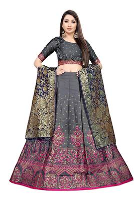 Grey zari woven
 jacquard semi stitched lehenga 1
