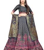Grey zari woven
 jacquard semi stitched lehenga