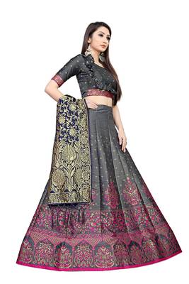 Grey zari woven
 jacquard semi stitched lehenga 2