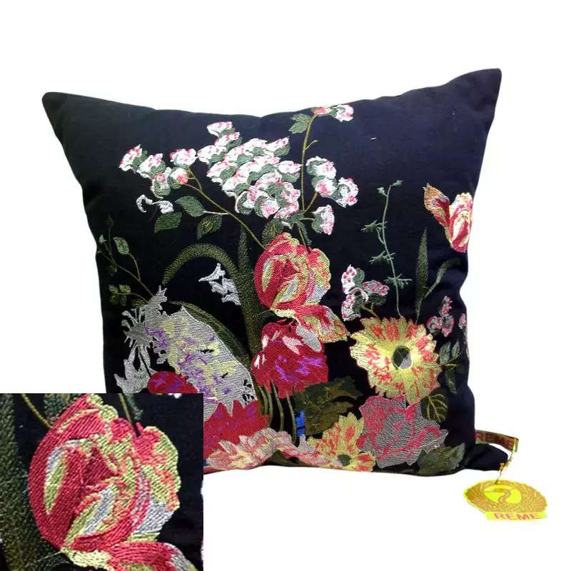 Embroidered Black Floral Cushion Cover