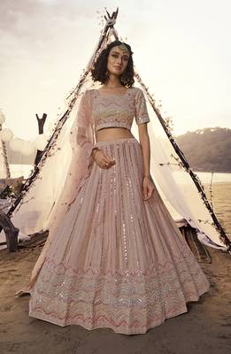 Peach thread embroidery organza semi stitched lehenga 1