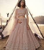 Peach thread embroidery organza semi stitched lehenga