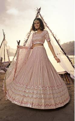 Peach thread embroidery organza semi stitched lehenga 2