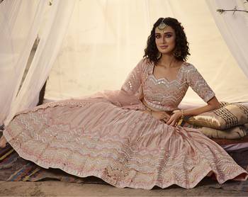 Peach thread embroidery organza semi stitched lehenga 3