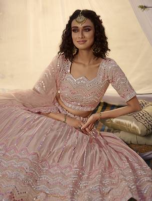 Peach thread embroidery organza semi stitched lehenga 4