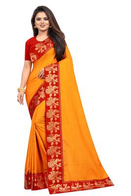Mustar Vichitra Silk Plain Jacquard Lace Saree With Blouse Piece. 1