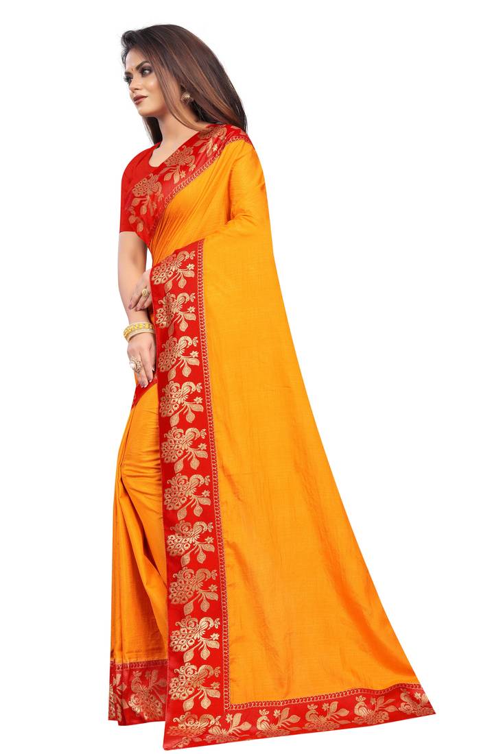Mustar Vichitra Silk Plain Jacquard Lace Saree With Blouse Piece.