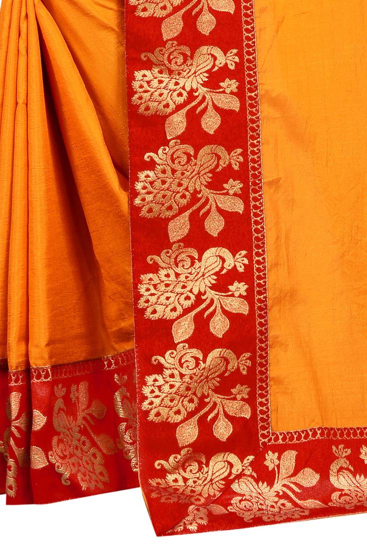 Mustar Vichitra Silk Plain Jacquard Lace Saree With Blouse Piece.