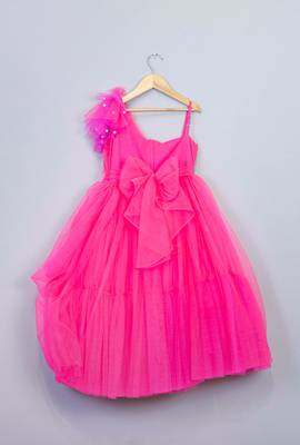 Pink woven net kids-frocks 3