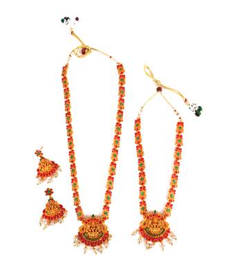 Gold plated Stone Studded Long and Short Necklace Set With Earings 2