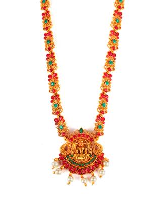 Gold plated Stone Studded Long and Short Necklace Set With Earings 3