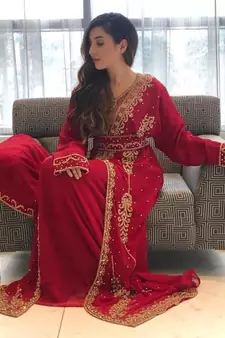 Maroon Zari Stone Work Georgette Islamic Style Beads Embedded Partywear Kaftan Long Gown Evening wear Dubai kaftan