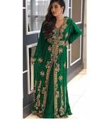 Green Zari Stone Work Georgette Islamic Style Beads Embedded Partywear Kaftan Long Gown Evening wear Dubai kaftan