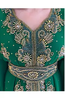 Green Zari Stone Work Georgette Islamic Style Beads Embedded Partywear Kaftan Long Gown Evening wear Dubai kaftan