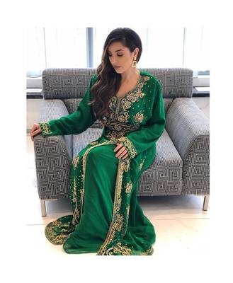 Green Zari Stone Work Georgette Islamic Style Beads Embedded Partywear Kaftan Long Gown Evening wear Dubai kaftan 3