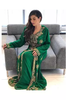 Green Zari Stone Work Georgette Islamic Style Beads Embedded Partywear Kaftan Long Gown Evening wear Dubai kaftan