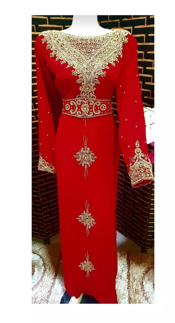 Red Zari Stone Work Georgette Islamic Style Beads Embedded Partywear Kaftan Long Gown Evening wear Dubai kaftan
