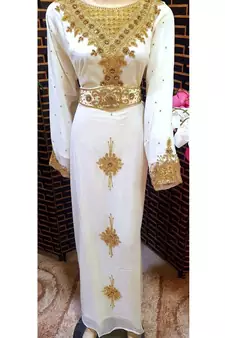 White Zari Stone Work Georgette Islamic Style Beads Embedded Partywear Kaftan Long Gown Evening wear Dubai kaftan