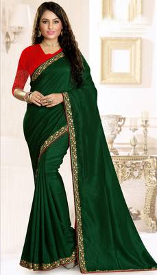 Dark green embroidered raw silk saree with blouse 1