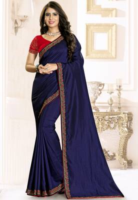 Navy blue embroidered raw silk saree with blouse 1
