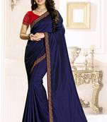 Navy blue embroidered raw silk saree with blouse