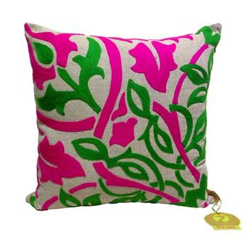 Fuchsia & Green Bold Embroidered Cushion Cover 1