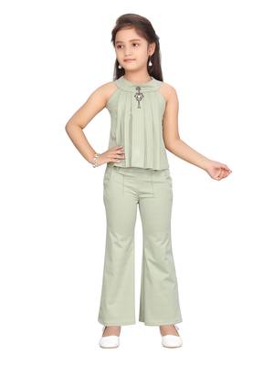 Green plain blended cotton girls-dresses 1