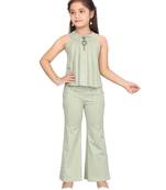 Green plain blended cotton girls-dresses