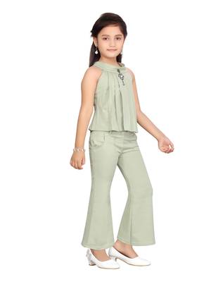Green plain blended cotton girls-dresses 2