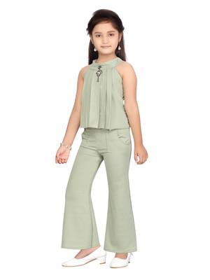 Green plain blended cotton girls-dresses 3