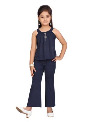 Blue plain blended cotton girls-dresses 1