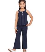 Blue plain blended cotton girls-dresses