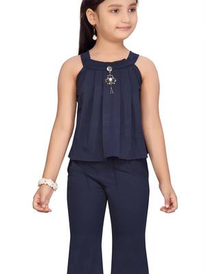 Blue plain blended cotton girls-dresses 5