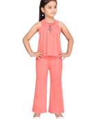 Orange plain blended cotton girls-dresses