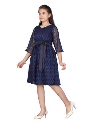 Blue plain net kids-frocks 3
