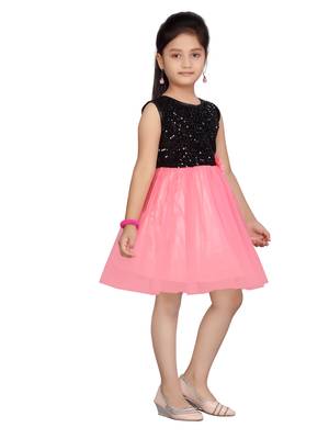 Red embroidered net kids-frocks 2