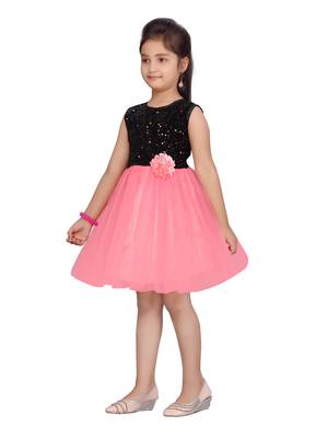Red embroidered net kids-frocks 3