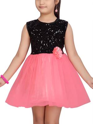Red embroidered net kids-frocks 5