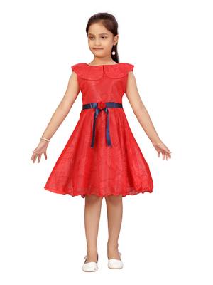 Red hand woven net kids-frocks 1