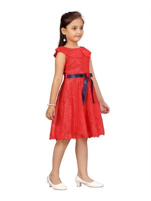Red hand woven net kids-frocks 2