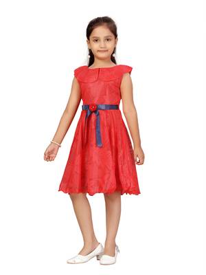 Red hand woven net kids-frocks 3